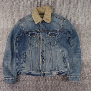 Abercrombie & Fitch Sherpa Lined Denim Trucker Jacket Medium Wash Distressed M